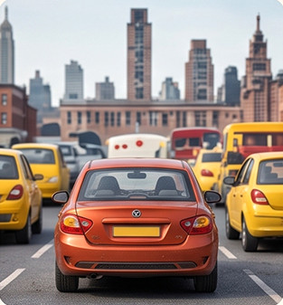 Red car stuck in traffic, honking once