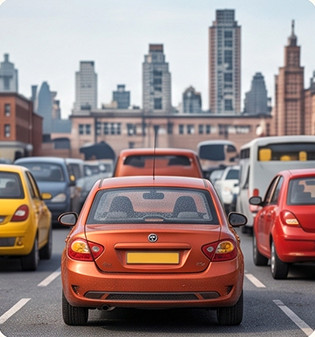 Red car stuck in traffic, honking twice