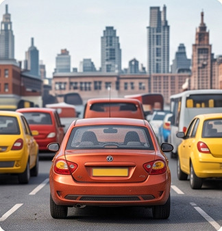 Red car stuck in traffic, honking four times