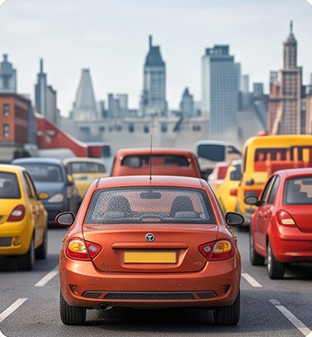 Red car stuck in traffic, honking non-stop